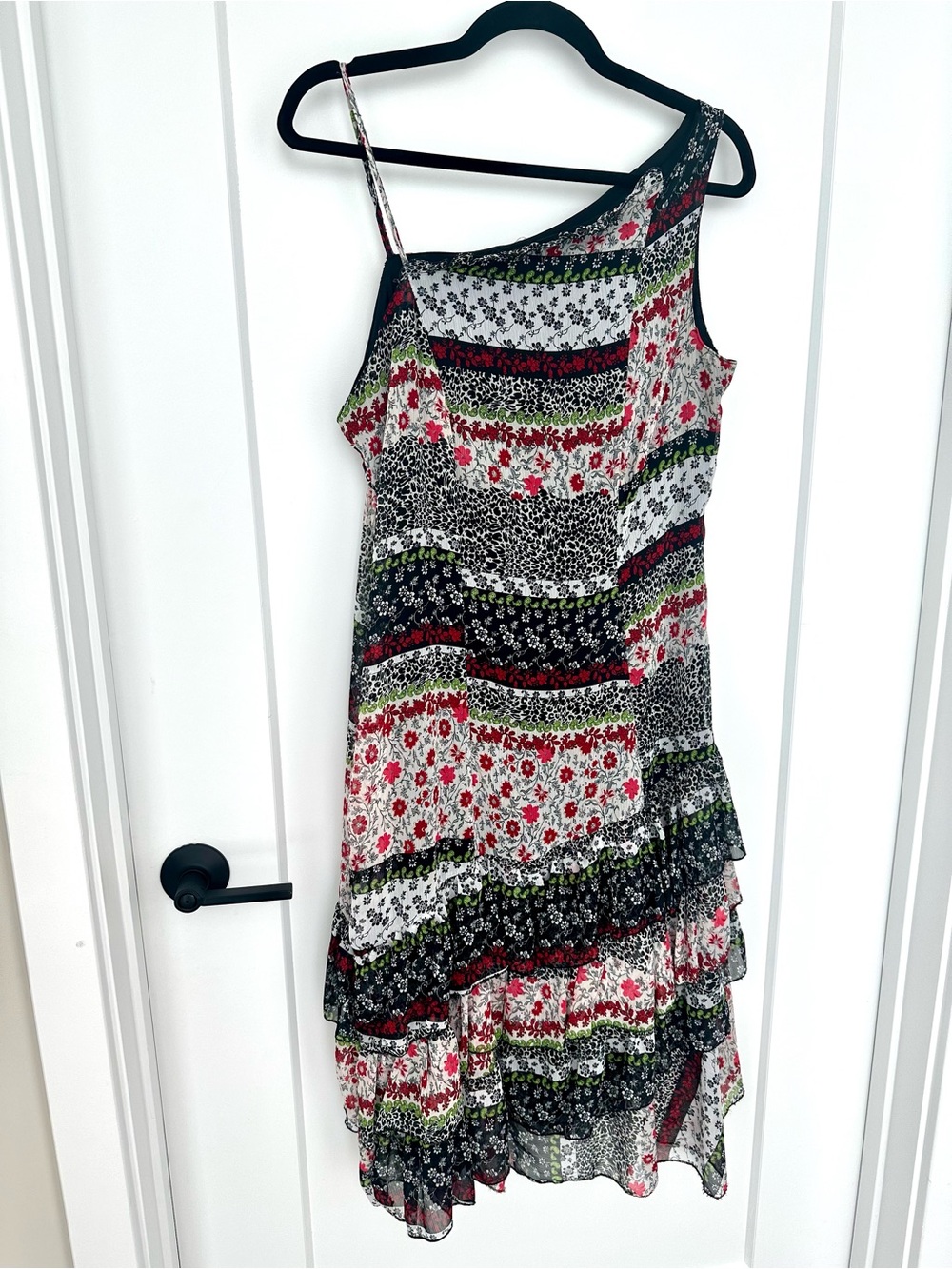 Y2K Romeo pour Juliette Paris Boho Patchwork One Shoulder Ruffle Dress
